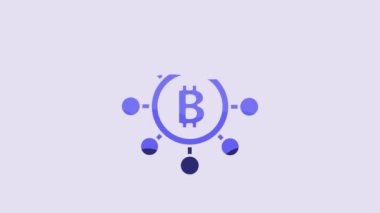 Blue Blockchain technology Bitcoin icon isolated on purple background. Abstract geometric block chain network technology business. 4K Video motion graphic animation.