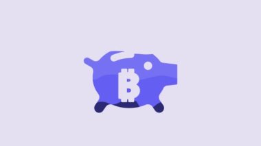 Blue Piggy bank bitcoin icon isolated on purple background. Icon saving or accumulation of money, investment. 4K Video motion graphic animation.