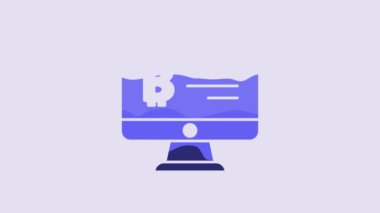 Blue Mining bitcoin from monitor icon isolated on purple background. Cryptocurrency mining, blockchain technology service. 4K Video motion graphic animation.