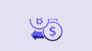 Blue Cryptocurrency exchange icon isolated on purple background. Bitcoin to dollar exchange icon. Cryptocurrency technology, mobile banking. 4K Video motion graphic animation.