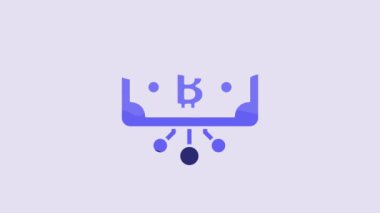 Blue Cryptocurrency bitcoin in circle with microchip circuit icon isolated on purple background. Blockchain technology, digital money market. 4K Video motion graphic animation.