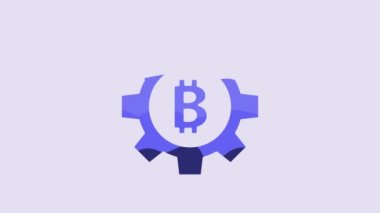 Blue Cryptocurrency coin Bitcoin icon isolated on purple background. Gear and Bitcoin setting. Blockchain based secure crypto currency. 4K Video motion graphic animation.
