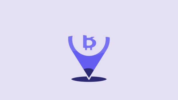 Blue Location Bitcoin Icon Isolated Purple Background Physical Bit Coin — ストック動画