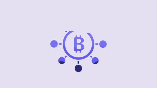 Blue Blockchain Technology Bitcoin Icon Isolated Purple Background Abstract Geometric — Vídeos de Stock