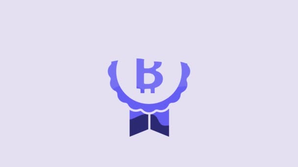 青暗号通貨コイン紫の背景に隔離されたBitcoinアイコン 物理ビットコイン ブロックチェーンベースの安全な暗号通貨 4Kビデオモーショングラフィックアニメーション — ストック動画