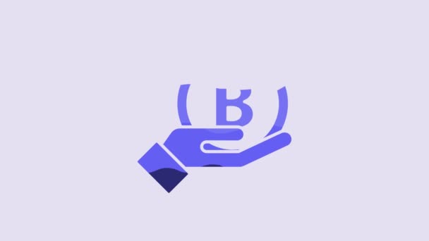 蓝色手拿着用紫色背景隔开的比特币图标 锁链技术 数字货币市场 加密硬币钱包 4K视频运动图形动画 — 图库视频影像