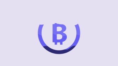 Blue Cryptocurrency coin Bitcoin icon isolated on purple background. Physical bit coin. Blockchain based secure crypto currency. 4K Video motion graphic animation.