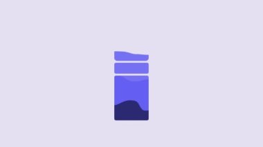 Blue Fitness shaker icon isolated on purple background. Sports shaker bottle with lid for water and protein cocktails. 4K Video motion graphic animation.