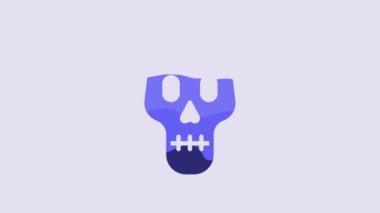 Blue Skull icon isolated on purple background. Happy Halloween party. 4K Video motion graphic animation.