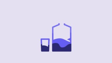 Blue Tequila bottle and shot glass icon isolated on purple background. Mexican alcohol drink. 4K Video motion graphic animation.
