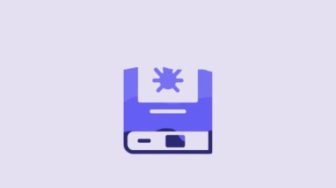 Mor arka planda izole edilmiş böcek ikonu hakkında Mavi Kitap. 4K Video hareketli grafik canlandırması.