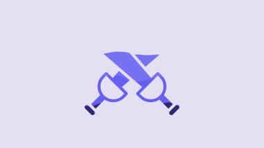 Blue Crossed medieval sword icon isolated on purple background. Medieval weapon. 4K Video motion graphic animation.