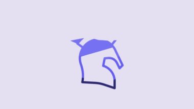 Blue Greek helmet icon isolated on purple background. Antiques helmet for head protection soldiers with a crest of feathers or horsehair. 4K Video motion graphic animation.