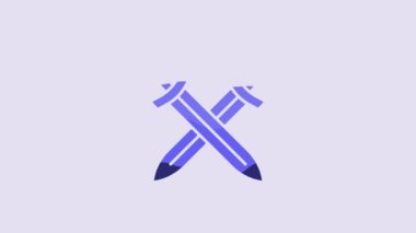 Blue Crossed medieval sword icon isolated on purple background. Medieval weapon. 4K Video motion graphic animation.