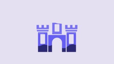 Blue Castle icon isolated on purple background. Medieval fortress with a tower. Protection from enemies. Reliability and defense of the city. 4K Video motion graphic animation.