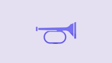 Blue Trumpet icon isolated on purple background. Musical instrument trumpet. 4K Video motion graphic animation.