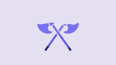 Blue Crossed medieval axes icon isolated on purple background. Battle axe, executioner axe. Medieval weapon. 4K Video motion graphic animation.
