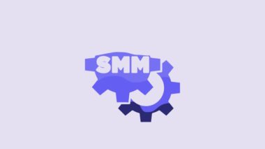Blue SMM icon isolated on purple background. Social media marketing, analysis, advertising strategy development. 4K Video motion graphic animation.