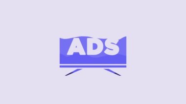 Blue Advertising icon isolated on purple background. Concept of marketing and promotion process. Responsive ads. Social media advertising. 4K Video motion graphic animation.