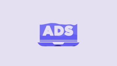 Blue Advertising icon isolated on purple background. Concept of marketing and promotion process. Responsive ads. Social media advertising. 4K Video motion graphic animation.