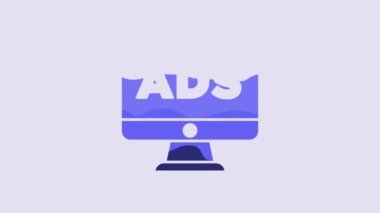Blue Advertising icon isolated on purple background. Concept of marketing and promotion process. Responsive ads. Social media advertising. 4K Video motion graphic animation.