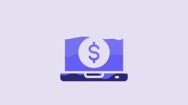 Blue Laptop with dollar icon isolated on purple background. Sending money around the world, money transfer, online banking, financial transaction. 4K Video motion graphic animation.