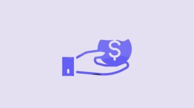 Blue Human hand giving money icon isolated on purple background. Receiving money icon. 4K Video motion graphic animation.
