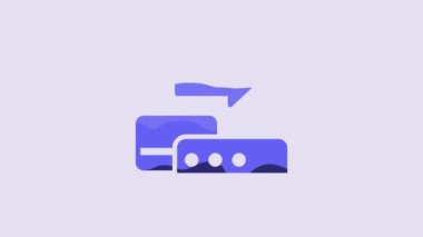 Blue Pos terminal with inserted credit card icon isolated on purple background. Payment terminal transaction. Pay by card. 4K Video motion graphic animation.