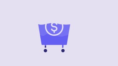 Blue Shopping cart and dollar symbol icon isolated on purple background. Online buying concept. Delivery service. Supermarket basket. 4K Video motion graphic animation.