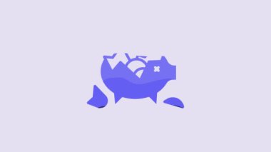 Blue Broken piggy bank icon isolated on purple background. Icon saving or accumulation of money, investment. 4K Video motion graphic animation.