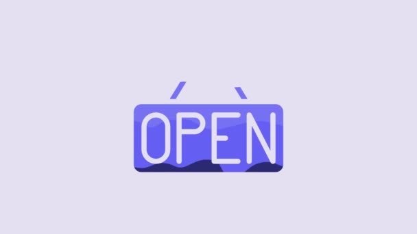 Blue Hanging Sign Text Open Door Icon Isolated Purple Background — Vídeo de Stock