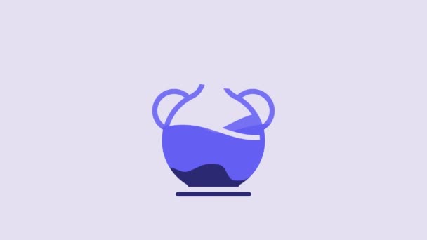 紫色の背景に分離されたオリーブオイルのアイコンのブルーボトル オリーブオイルのアイコンでジャグ 4Kビデオモーショングラフィックアニメーション — ストック動画