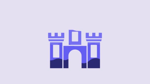 Icono Del Castillo Azul Aislado Sobre Fondo Púrpura Fortaleza Medieval — Vídeo de stock