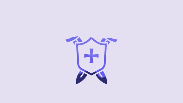 Blue Medieval Shield Crossed Swords Icon Isolated Purple Background Video — Vídeo de stock