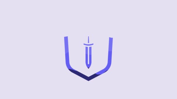 Blue Medieval Shield Sword Icon Isolated Purple Background Video Motion — Stockvideo