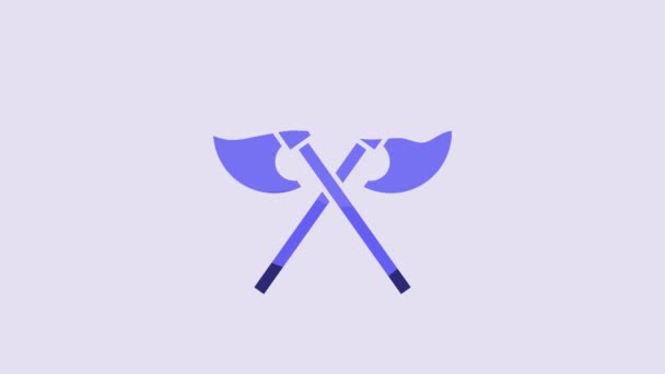 Blue Crossed Medieval Axes Icon Isolated Purple Background Battle Axe — 图库视频影像