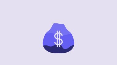 Mavi Para Çantası simgesi mor arkaplanda izole edilmiş. Dolar ya da USD sembolü. Nakit bankacılık tabelası. 4K Video hareketli grafik canlandırması.