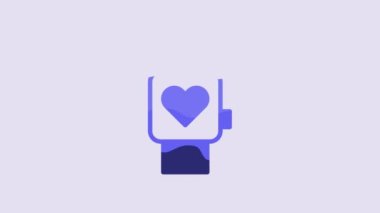 Blue Smart watch showing heart beat rate icon isolated on purple background. Fitness App concept. 4K Video motion graphic animation.