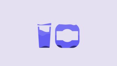 Blue Sports nutrition bodybuilding proteine power drink and food icon isolated on purple background. 4K Video motion graphic animation.