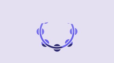 Blue Musical instrument percussion tambourine, with metal plates icon isolated on purple background. 4K Video motion graphic animation.