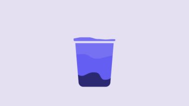 Blue Bucket with soap suds icon isolated on purple background. Bowl with water. Washing clothes, cleaning equipment. 4K Video motion graphic animation.