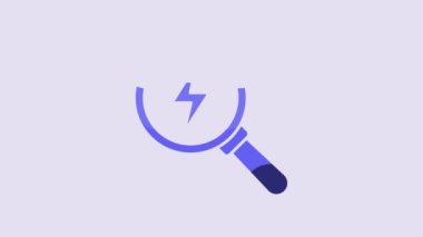 Blue Magnifying glass with lightning bolt icon isolated on purple background. Flash sign. Charge flash. Thunder bolt. Lighting strike. 4K Video motion graphic animation.