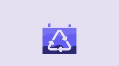 Blue Paper shopping bag with recycle icon isolated on purple background. Bag with recycling symbol. 4K Video motion graphic animation.