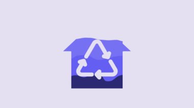 Blue Eco House with recycling symbol icon isolated on purple background. Ecology home with recycle arrows. 4K Video motion graphic animation.