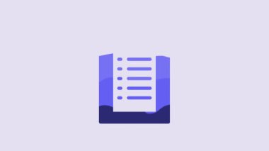 Blue Medical clipboard with clinical record icon isolated on purple background. Health insurance form. Prescription, medical check marks report. 4K Video motion graphic animation.