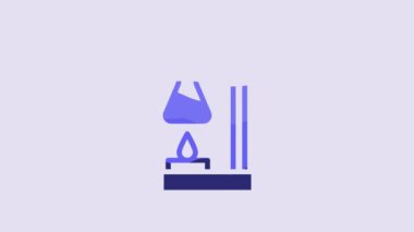 Blue Glass test tube flask on fire heater experiment icon isolated on purple background. Laboratory equipment. 4K Video motion graphic animation.