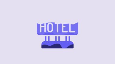 Blue Signboard outdoor advertising with text Hotel icon isolated on purple background. 4K Video motion graphic animation.