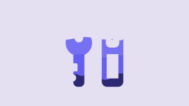 Blue Hotel door lock key with number tag icon isolated on purple background. 4K Video motion graphic animation.