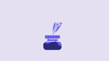 Blue Feather and inkwell icon isolated on purple background. 4K Video motion graphic animation.