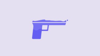 Blue Pistol or gun icon isolated on purple background. Police or military handgun. Small firearm. 4K Video motion graphic animation.
